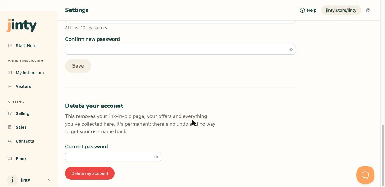 The delete your account section at the foot of Profile.