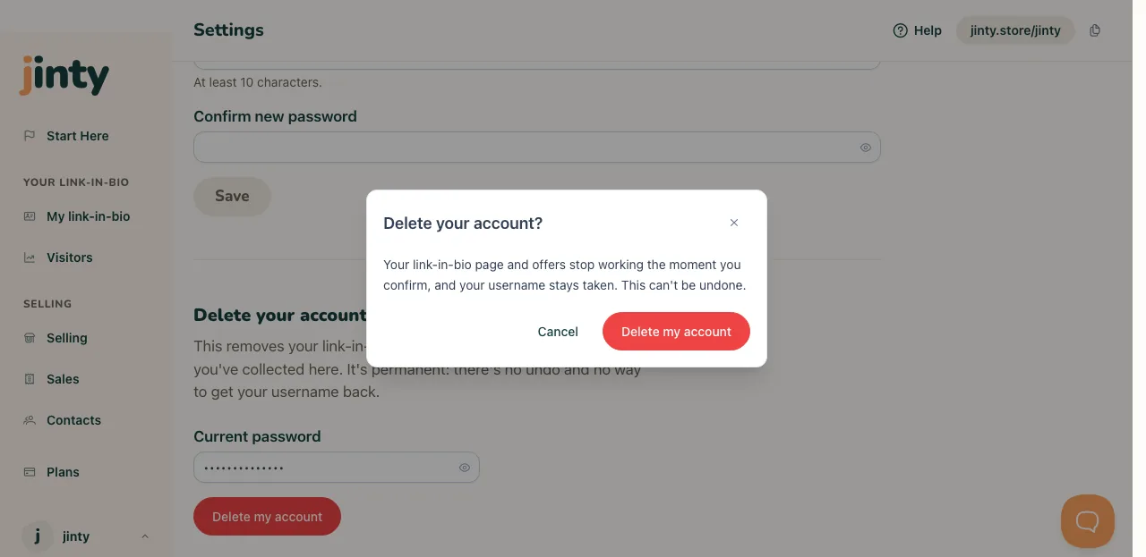 The confirmation asking whether to delete your account.