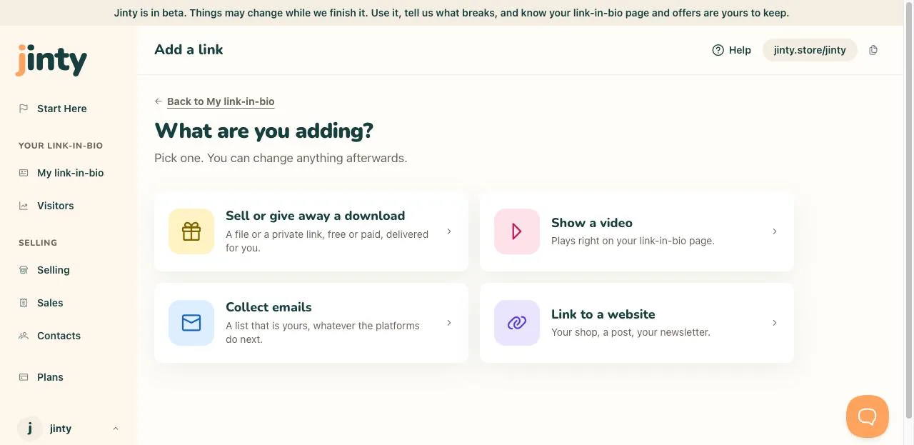 The What are you adding screen, with the four cards.