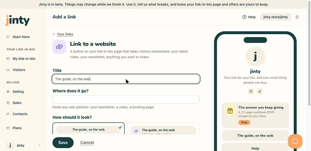 The link editor, with a title typed in.