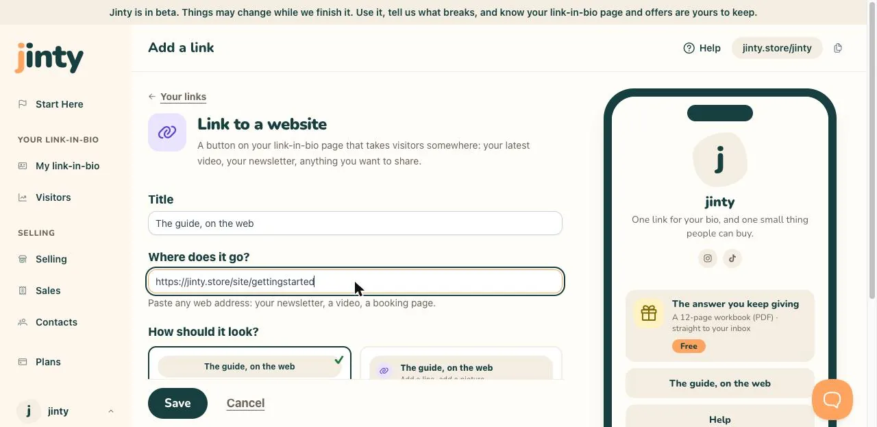 The link editor, with a web address pasted in.