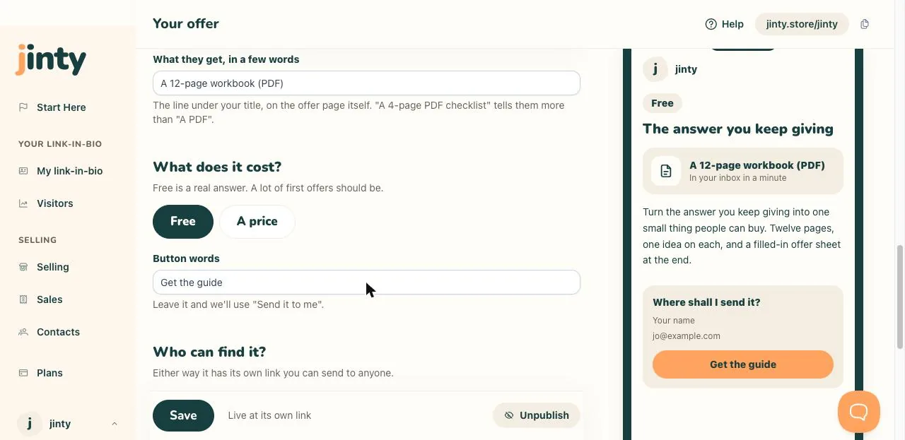 The price question, set to Free.