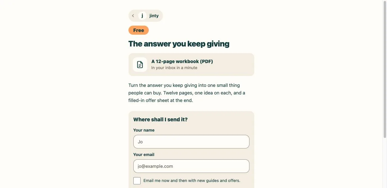The sign-up box on a published link-in-bio page.