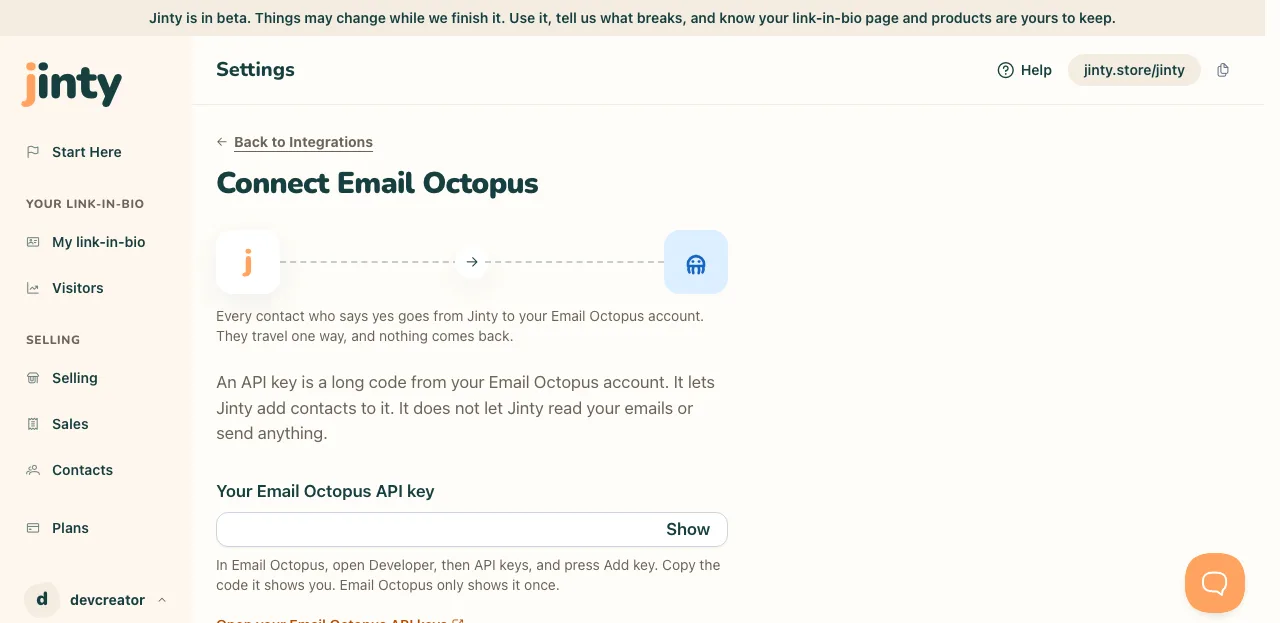The Connect Email Octopus screen, with the key field and Check this key.
