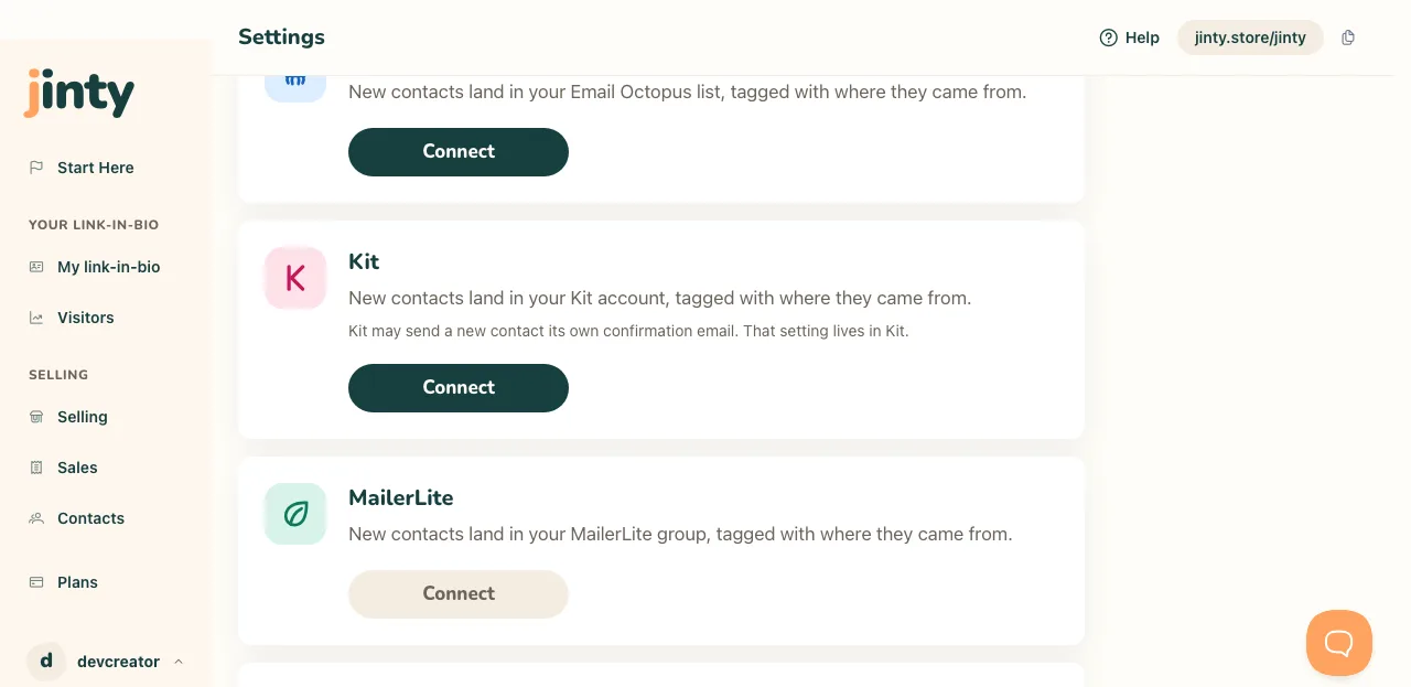 The Kit card on Settings, Integrations, before anything is connected.