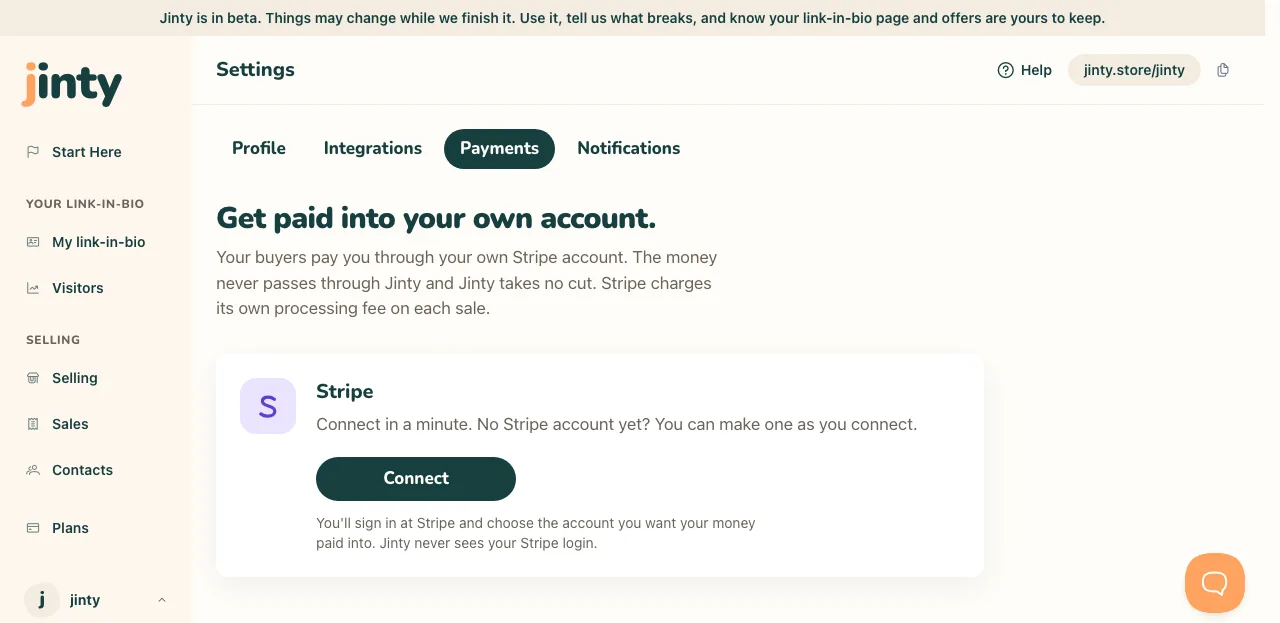Settings, Payments, before an account is connected.