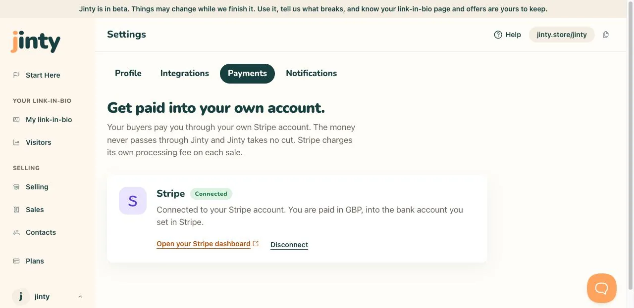 The Payments card, connected, with the chip and the account name.
