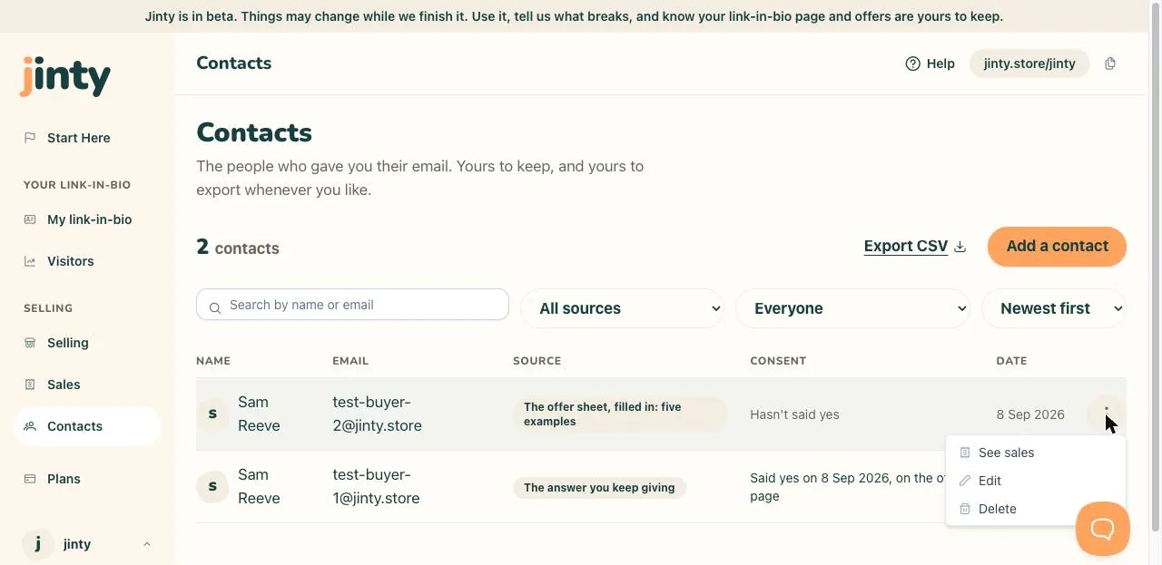 The row menu, showing the option to remove a contact.