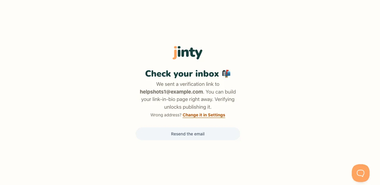 The verify-your-email screen, with the address we sent the link to.