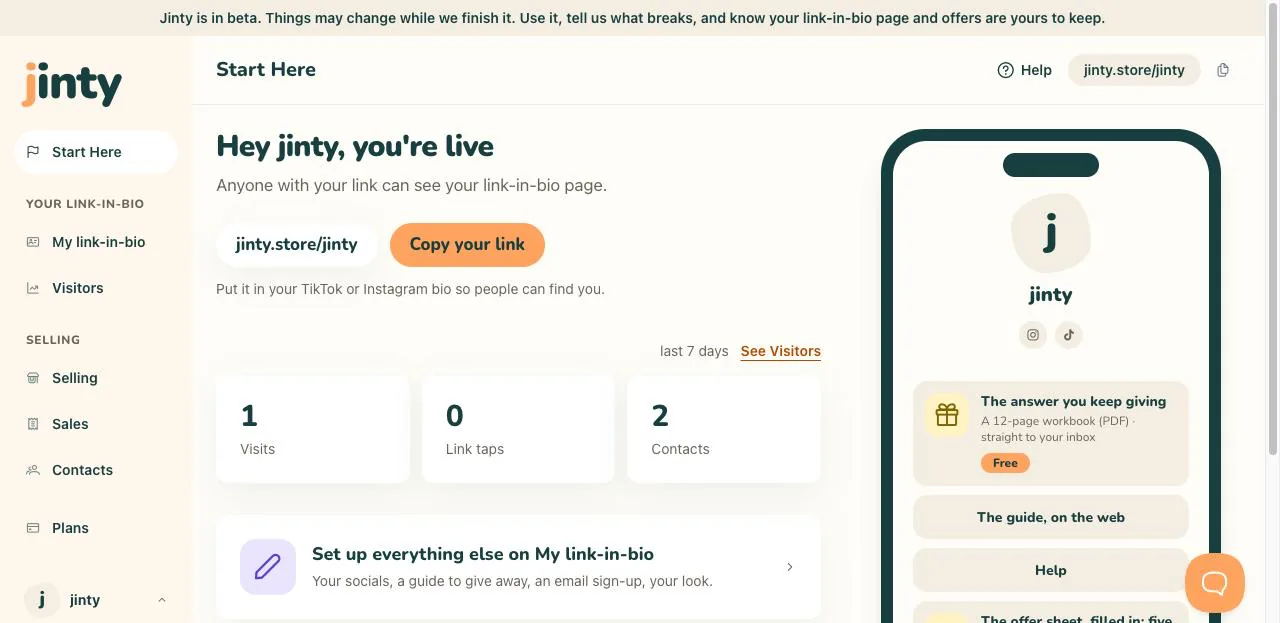 The live version of Start Here, with the address and Copy your link.