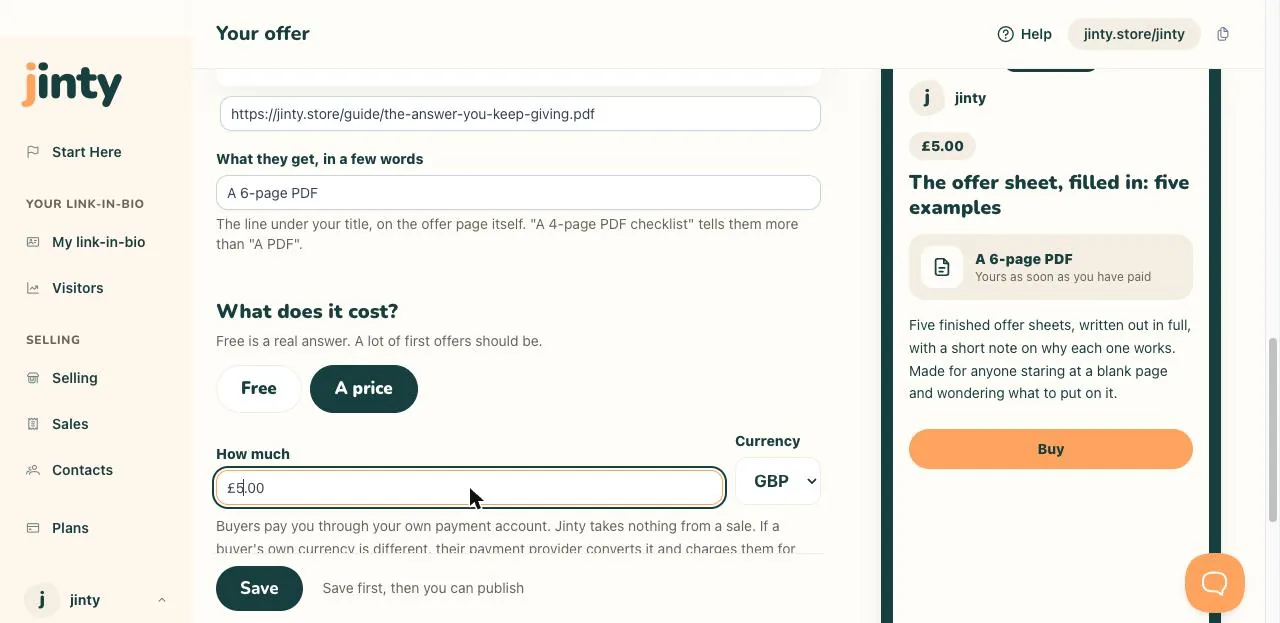 The price question, with a price set in pounds.