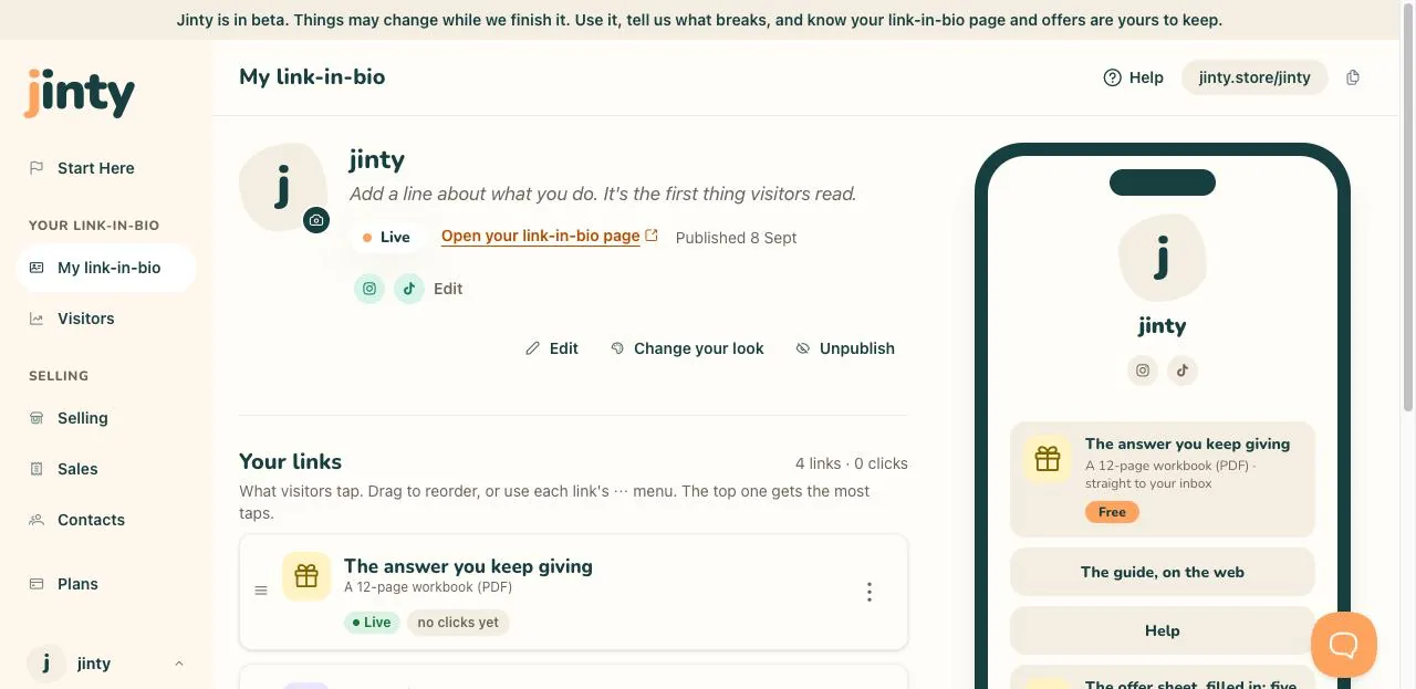 My link-in-bio, with the phone preview beside it.