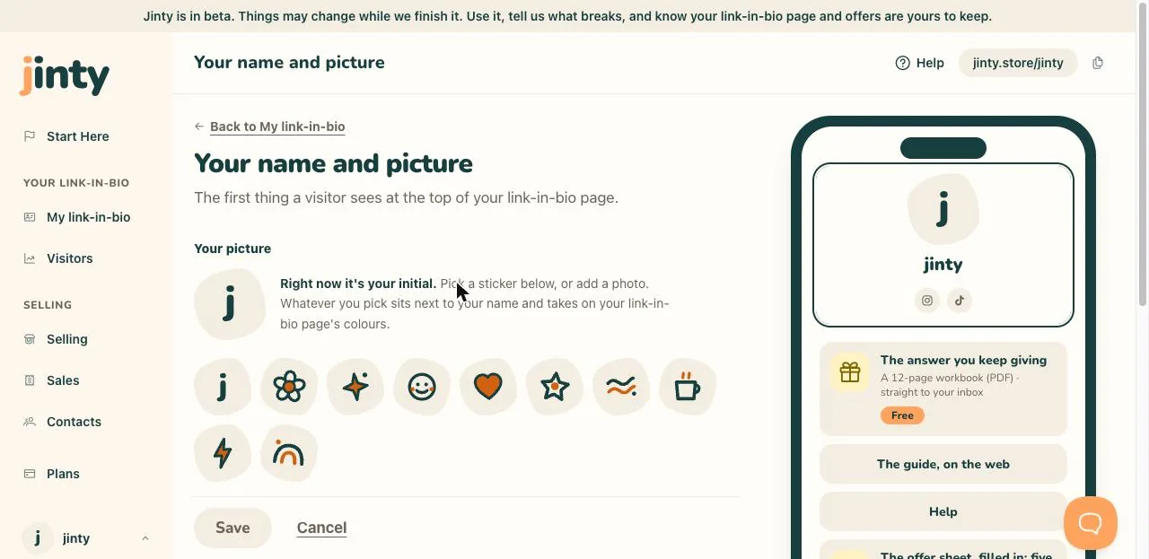 The name and picture screen, with the preview updating.