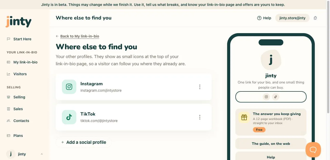 The social profiles screen, with two accounts added.