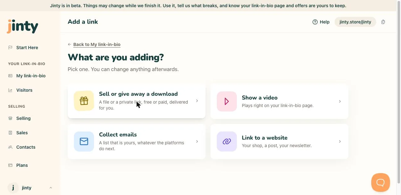 The Add a link screen, with Sell or give away a download picked.