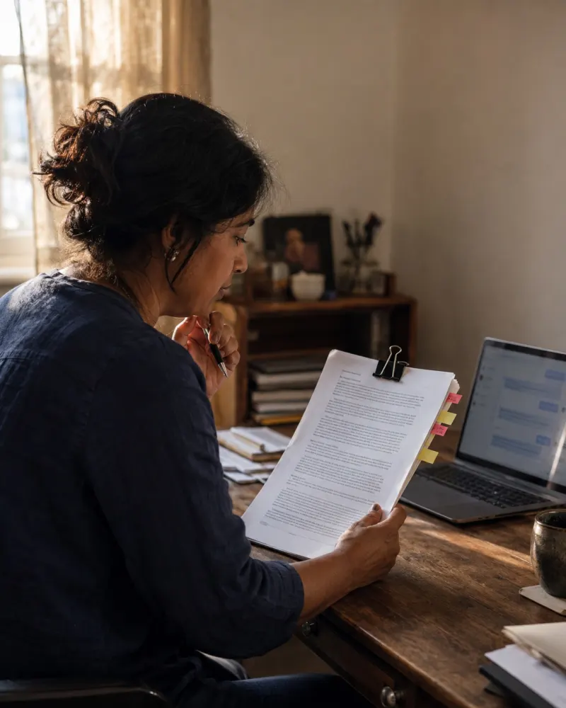 A guide printed as a clipped stack of pages with sticky tabs on a desk, the messaging thread that prompted it still open on the laptop beside it.