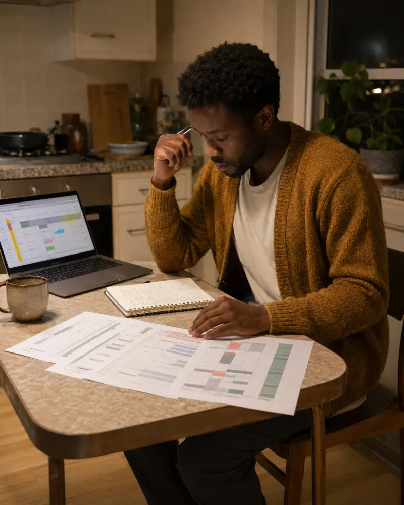 A colour-coded planner on a laptop at a kitchen table at night, three printed layouts fanned out for comparison and a handwritten list of what still needs fixing.